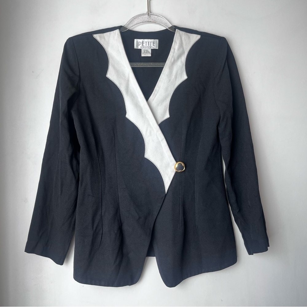 Vintage 90s Petite Sophisticate Black & White Wrap Blazer Top 6P - Picture 1 of 3